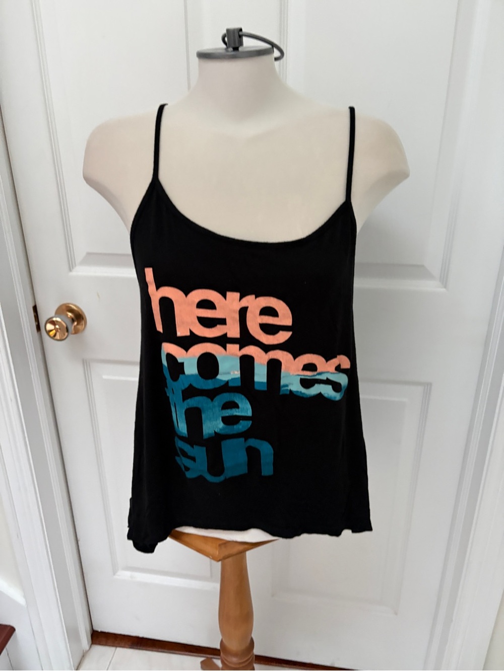 About A Girl Black Spaghetti-Strap Tank with Coral and Teal Graphic